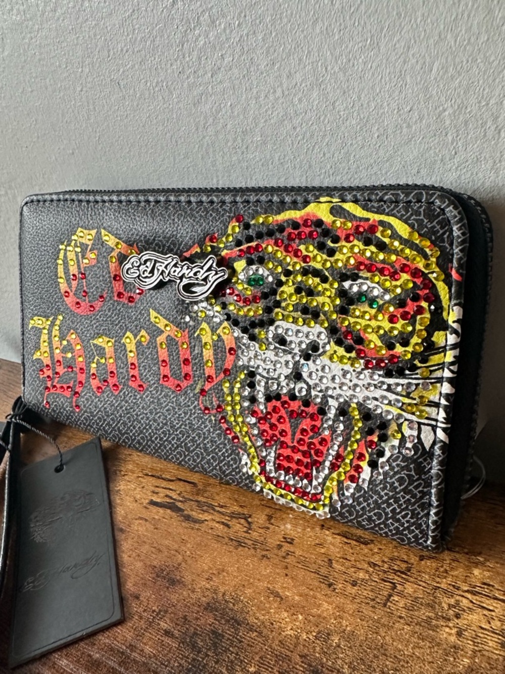 Ed Hardy Black Zip Around Long Wallet with Rhinestone Tiger & Logo NWT - Picture 3 of 6